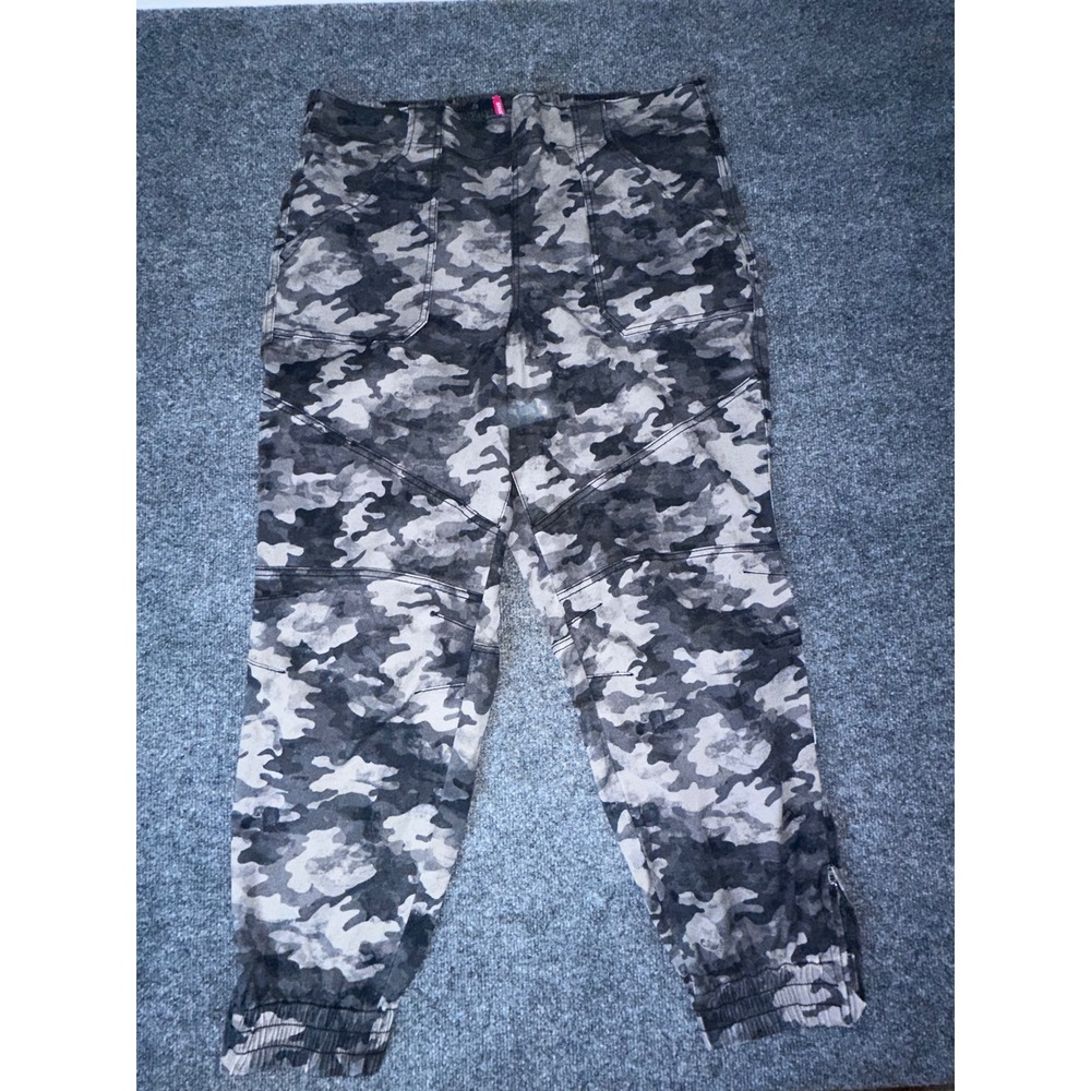 Spanx Womens Camo Joggers Grey Black Stretch Twill Moto Ankle Zip Pants 2X 2XL
